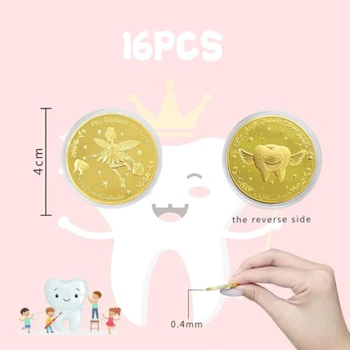 16 Stück Zahnfee Münzen,Gedenkmünzen,Zahnfee Goldtaler,Goldmünzen Kinder,Geschenk Zahnfee Münzen,Tooth Fairy Coins,Verlorenen Zahn Kinder Geschenke Souvenir,Zahnfee Geschenke Ideen für Mädchen Junge