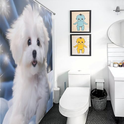Rideau de douche Bichon frisé 183x183cm en tissu polyester lavable