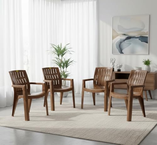 Image of Patiofy Plastic Chair Set of 4 for Home & Outdoor Use | Heavy Duty Comfortable Chair with Strong Legs | Stackable, Easy to Clean | Suitable for Living Room, Balcony (Pack of 4-Spino | Sandalwood)