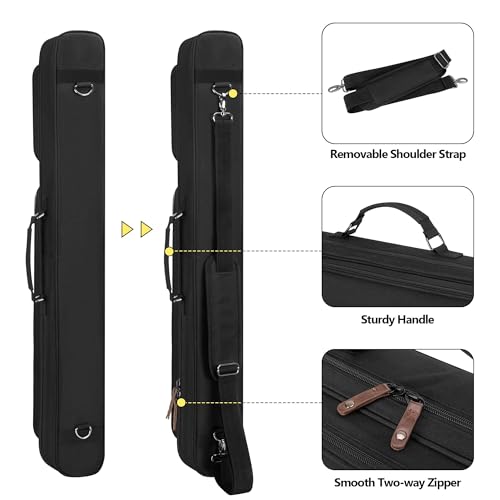 Rexmica 2x2 Pool Cue Case Holds 2 Butts and 2 Shafts, Billiard Pool Cue Stick Carrying Case Bag with Handle and Detachable Shoulder Strap, Soft Padded Pool Cue Bag with Front Accessory Pocket, Black