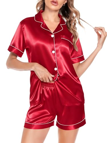 Image of SWOMOG Satin Matching Pajamas Sets Couple Silk Button Down Nightwear Women & Men Short Sleeve Sleepwear 2 Pieces Loungewear