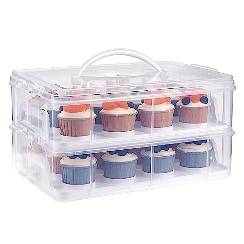 BTSKY 2 Tier Clear Plastic Cupcake Holder with Lid & Handles, Portable Cupcake Carrier for 24 Cupcakes, Stackable Cupcake Storage Container with Convenient Slot Tray Large Plastic Storage Box, White by BTSKY - Used condition - US$18.14