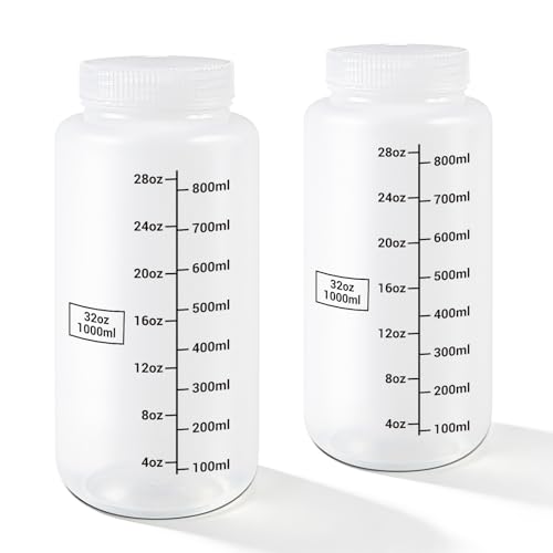 DEMORA Plastic Bottles with Airtight Caps 32oz/1000ml Food Grade Wide Mouth Liquid Containers Reusable PP Graduated Plastic Bottles for Water Sample Lab Reagent Liquids Mixing (Clear 2 Pcs)