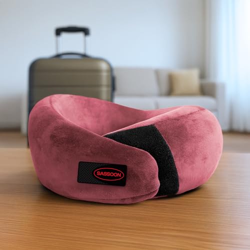 Image of Sassoon | Neck Pillow for Travelling |Memory Foam Travel Neck Pillow | with Adjustable Velcro Strap | Perfect for Airplane, Car, Train, Bus Travel with Cover & Machine Washable - Pink, Standard Size