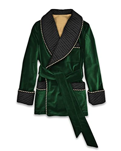 Dark Green Velvet Smoking Jacket With Quilted Silk Shawl Collar English Vintage Gentleman Belted Robes