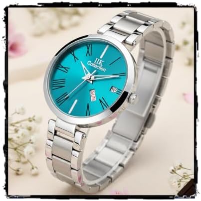 IIK COLLECTION Watches for Women Round Studded Dial |Day and Date Quartz Movemnet |Long Battery Life|Stainless Steel Bracelet Chain Strap|Double Lock Clasp Safety Watches for Girls