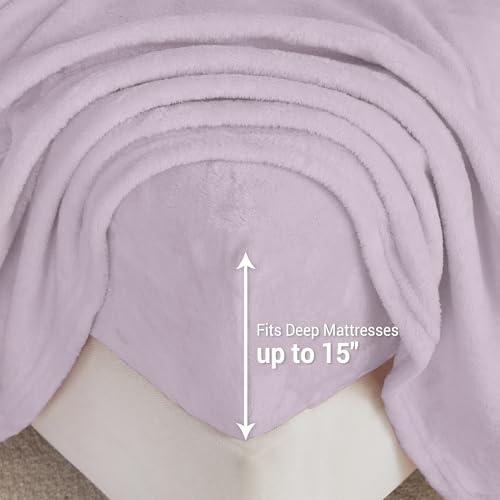 Image of Viviland Plush Microfleece Full Bed Sheet Set, Violet /Lavender | Soft Flannel-like Fleece, 100% Polyester, Fluffy Velvety Feel, 200GSM, 15 inch Deep Pocket, Warm Winter Gift & Decor