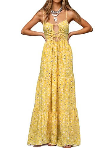 Image of Womens Summer Floral Spaghetti Strap Backless Low Cut Smocked Milkmaid Flowy Beach Sundresses