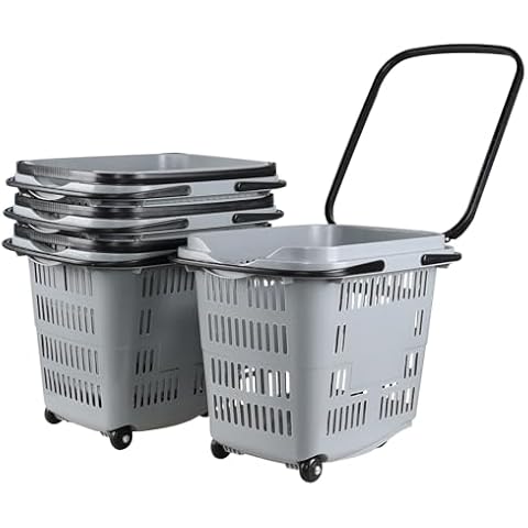 Sandmovie 50 L Large Rolling Shopping Basket, 4 Pcs Plastic Shopping Baskets with Wheels, Portable Basket for Supermarket, Retail(Grey) Cover