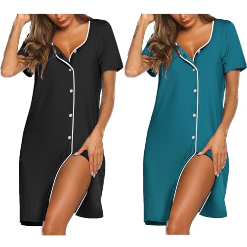 Image of Ekouaer Nightgowns for Women 2 Pack Button Down Sleepshirt Short Sleeve Nightshirt Soft Sleepwear V Neck Pajama Dress
