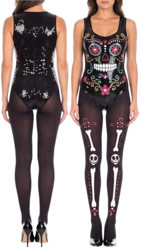 Image of ToBeInStyle Women's Sugar Skull Dia de los Muertos La Catrina Skeleton Bones Tights & Thigh High Stockings