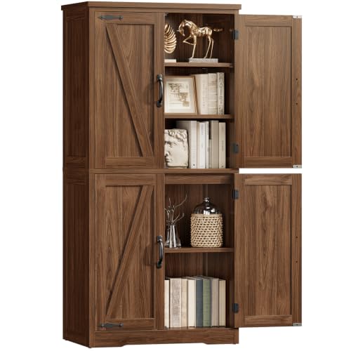 Image of TEENFON 58 inch H Storage Cabinet with Adjustable Shelf, Kitchen Cabinet with 4 Doors, Farmhouse Pantry Cabinets, Cupboard for Kitchen, Bathroom, Living Room, Walnut