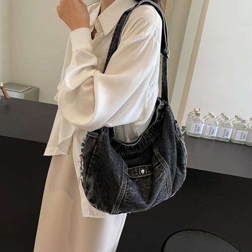 Image of Denim Shoulder Bag for Women,Canvas Tote Messenger Bag with Zipper,Large Casual Crossbody Hobo Handbag Denim Purse