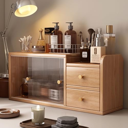 Desk Organizer, Countertop Cabinet with Sliding Glass Doors, Desktop Bookshelf Organizer, Desk Organizers and Accessories for Kitchen, Living Room and Dinning Bedroom Wood Color