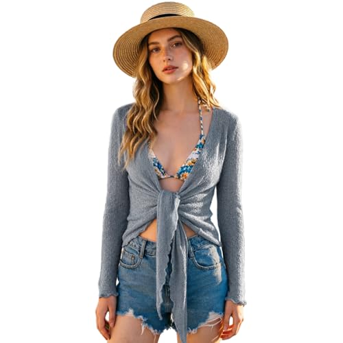 Image of Simple&Opulence Women's Bolero Shrugs Sheer Tie Front Mesh Cardigan Long Sleeve Lightweight Summer Sweater for Dresses
