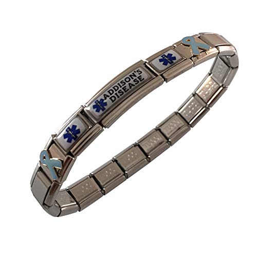 Addison's Disease Medical ID Alert Italian Charm Bracelet for Men or Women Stretchable Adjustable Stainless Steel