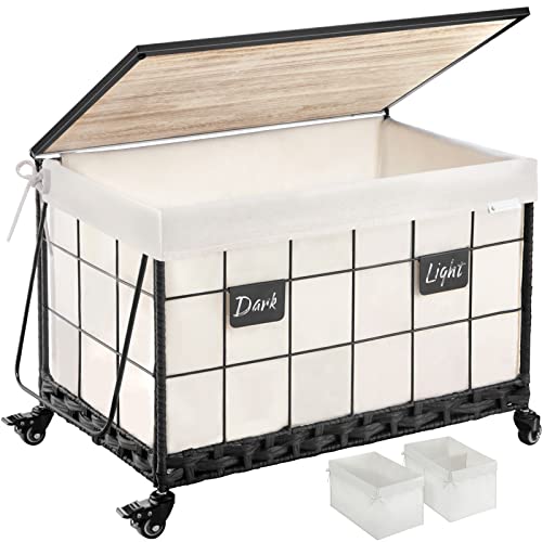 Greenstell Storage Basket With Wheels And Lid, 65L Handwoven Large Shelf Basket With Cotton Liner And Metal Frame, Foldable & Easy To Install, Storage Box Basket Bin With Handle Black #TOP30