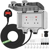 Double Outdoor Socket with 25m Extension Lead, IP66 Waterproof External Socket, 13A 2 Gang Storm Switched Power Socket, Outlet Cover Box with Switches & Indicator Lights for Garden, Patio, Garage Use