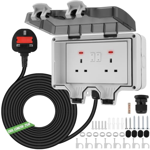 Double Outdoor Socket with 25m Extension Lead, IP66 Waterproof External Socket, 13A 2 Gang Storm Switched Power Socket, Outlet Cover Box with Switches & Indicator Lights for Garden, Patio, Garage Use