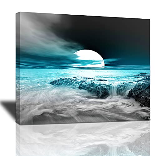 Tourrest Teal Grey Coastal Beach Canvas Wall Art Black and White Blue Sea Ocean Moon View Nature Landscape Large Wooden Décor Seaside Waves Poster Modern Home Print Painting for Office, 24 x 20 in