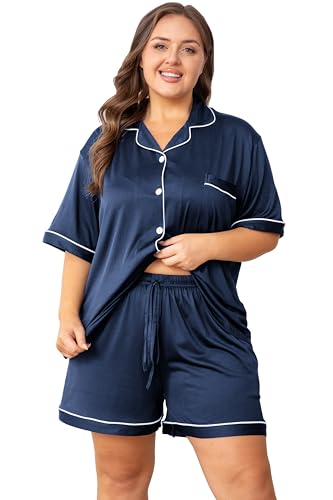 Image of Vozanet Women's Plus Size Button Down Pajamas Soft Lounge Sets Shorts with Pockets Bride Nighty Solid Soft Pjs 1x to 5x