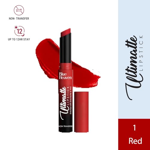 Image of Blue Heaven Ultimatte NonTransfer lipstick for women|Enriched with Shea Butter & Vitamin E| Matte Finish, Smudge Proof & Waterproof Long Lasting Lipstick Upto 12Hrs| 2.2g | 01 Red (Pack of 2)