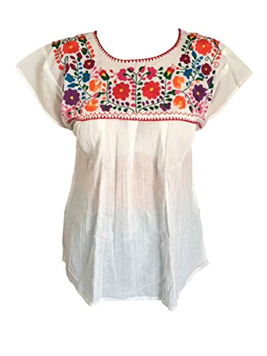 Floral Mexican Peasant Blouse - Embroidered Tehuacan Blouse - Handmade in Mexico - Blusa Campesina Poblana Mexicana - White (Large)