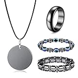 THUNARAZ 4 Pcs Hematite Magnetic Jewelry Set for Men Women, Hematite Magnetic Bracelets & Genuine Hematite Ring Size 9 & Shungite Pendant Necklace