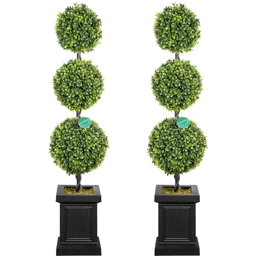 COLORSPEC Artificial Topiary Outdoor Set of 2, 3.5ft Boxwood Outdoor Porch Trees, All-Year Green Fake Plant Topiary Trees Artificial Outdoor with Sturdy Pot for Porch Outdoor Indoor (Ball)