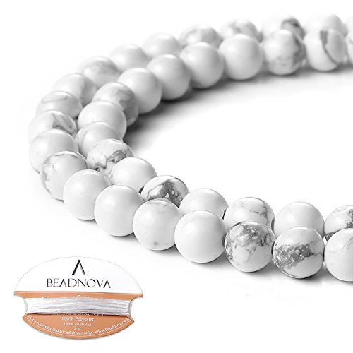 Image of BEADNOVA Natural White Howlite Beads Natural Crystal Beads Stone Gemstone Round Loose Energy Healing with Crystal Stretch Cord for Jewelry Making (6mm, 62-64pcs)