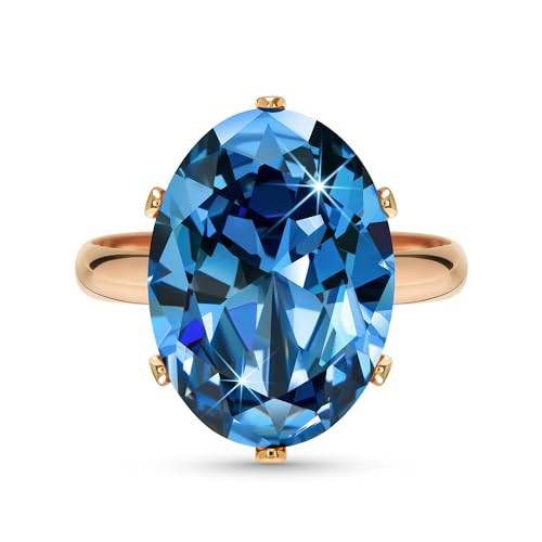 Linawe Aquamarine Ring Blue Cubic Zirconia Imitation Diamond Crystal Jewellery for Women Rose Gold, Birthstone Gemstone Adjustable Ring, Oval Rhinestone Chunky Boho Cocktail Dupes