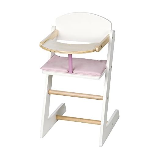 roba Trona para Muñecas Scarlett de Madera + Cojín Rosa y Bandeja para Comida - Altura 52 cm - a Partir de 3 Años - Blanco / Natural