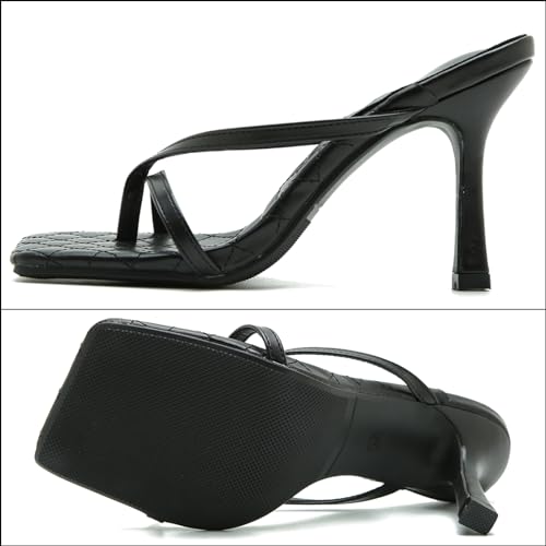 Women's Strappy Thong Heeled Sandals Slip On Stiletto Heels Flip Flops Square Open Toe T Strap High Heel Sandals Slide Summer Dressy Sandals2