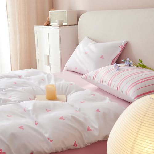 Image of Duvet Cover Full Size White Pink Heart Striped Reversible Comforter Cover 3 Piece Kids Girls Cute Soft Microfiber Bedding Set with Zipper Closure and 2 Pillow Shams