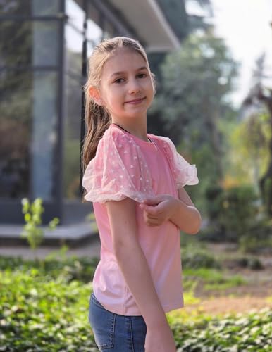 Image of Arshiner Girls Shirts Mesh Puff Short Sleeves Blouse Crewneck Cute Print Summer Kids Tee Tops