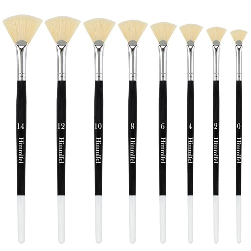 Himmlfel fan paint brush set, 8 pcs hog bristle fan paint brushes for oil painting, brushes for artists and beginners