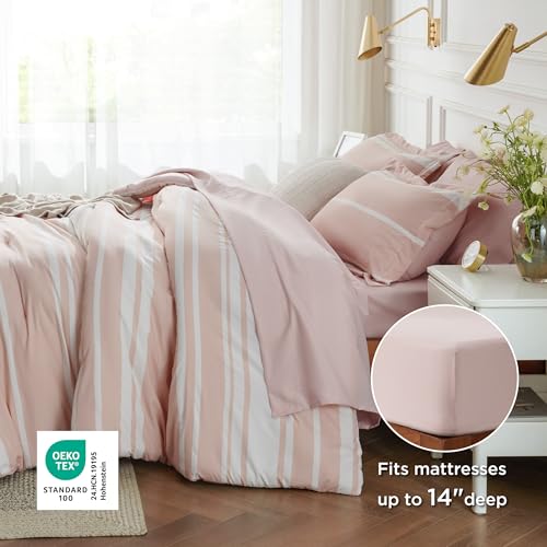 Image of Bedsure Queen Comforter Set 7 Pieces, Light Pink Striped Bedding Set for All Seasons, Reversible, Cationic Dyeing Bed in a Bag with Comforter, Sheets, Pillowcases & Shams