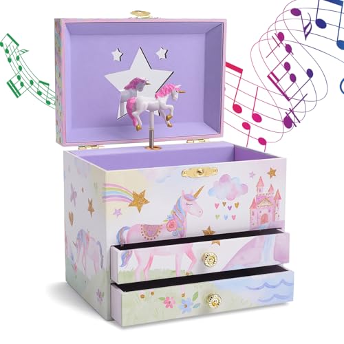 Jewelkeeper Enchanting Unicorn Musical Jewelry Box for Girls - Sparkling Rainbow Design Music Box with 2 Pullout Drawers to Store Earrings Necklace and Bracelets - Plays The Beautiful Dreamer Tune