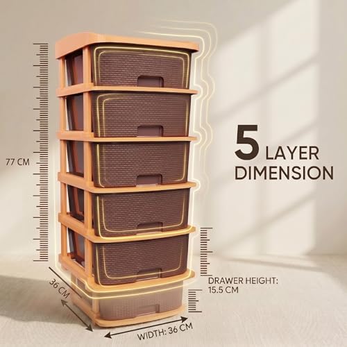 Image of Jefa Plastic Modular Drawer Storage Organizer | Multipurpose Storage Chest with Anti-Slip Design | Large Capacity Drawer Rack for Clothes, Shoes, Office & Home Use (Brown, 5)