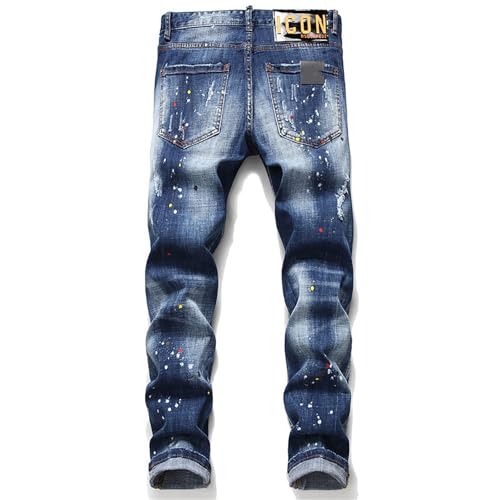 Autumn/Winter Denim Jeans, Distressed Paint-Splattered Men's Jeans, Slim Fit Patchwork Stretch Denim, Blue Skinny Jeans,342