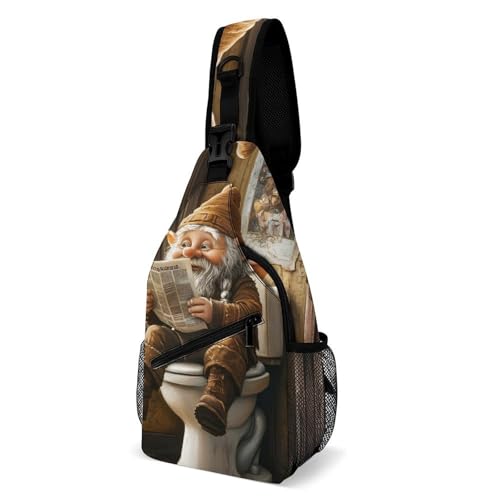 Dwarf Sitting in Toilet Reading Newspaper Sling Bag Casual Crossbody Bag Travel Shoulder Sling Backpack for Men Women
