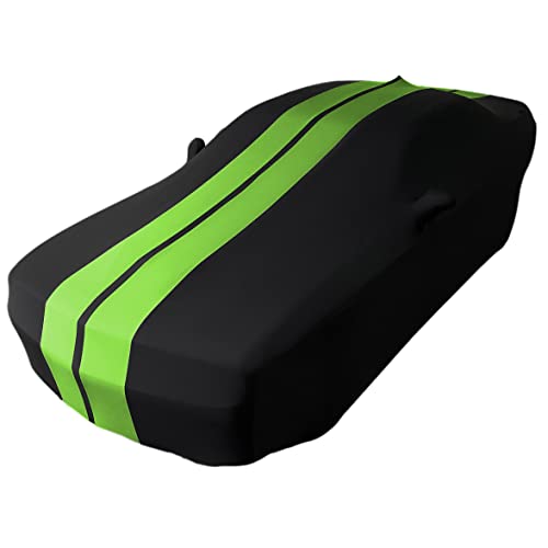 Image of SR1 Performance USA Indoor Car Cover for Dodge Challenger 2008-2023 - Ultraguard Stretch Satin Custom Fit, Dust Cover, Breathable Scratch-Resistant Sport Series Stripe (Black /Green)