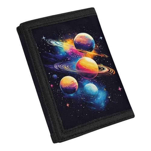 COEQINE Space Wallet for Boys Trifold Black Teens Moneybag Orangizer With Coin Pocket Outdoor Sport For Travel Accessories Casual,Colorful Outer Space