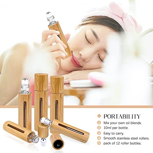 12Pcs 10ml Roller Bottles Balls for Essential Oils, Roll on Bottles with Bamboo Shell Clear Glass Inner, Portable Refillable Perfume Sample Bottle with Stainless Steel Ball2