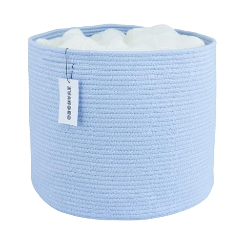 Image of XUANGUO Cotton Rope Basket For Girls Boys Kids 16”X14” Baby Laundry Baskets Nursery Bin Round Woven Basket For Storage Toys Blankets Shoes Clothes blue