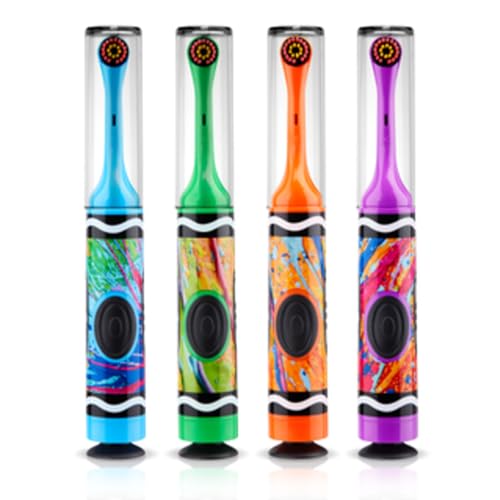 Image of GUM Crayola Drip Art Kids Power Soft Toothbrush, Ages 3+, 1 Count (4 Pack) | Oscillating small head, Suction cup base and travel cap, Batteries included