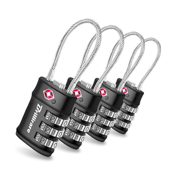 4 Pack TSA Approved Luggage Locks, Combination Travel Cable Lock, 3-Digit Waterproof Padlock, Zinc Alloy Outdoor Keyless Resettable Lock for Travel, Lockers, Bags, Backpack, Gym, Gate-by BRILLIRARE