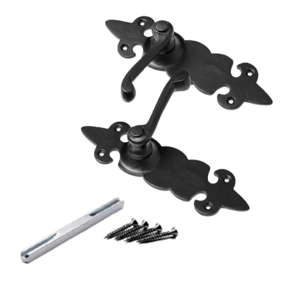 Black Antique Fleur De LYS Latch Door Handles Internal Door Handles Sets with Rustic Design Door Lever Latch Lock Pair with Spindle and Fixing Screws Cast Iron Lever Latches 1 Pair Set.