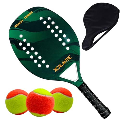 Raquete Para Beach Tennis Profissional em Fibra Carbono Com Capa Protetora + 3 Bolinhas de Beach Tennis Para Iniciantes e Profissionais (Verde)