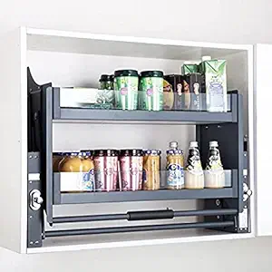 Avocetmobily Modular Kitchen Storage Rack Lift Basket Elevator Glass Finished Pull Down Two Shelf Unit For Cabinet Width 60 CM or 600mm (Black)